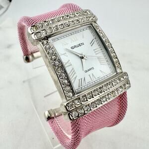 Gruen Pink Mesh Cuff Bracelet Women's Watch Size 6.5" - New Battery Installed